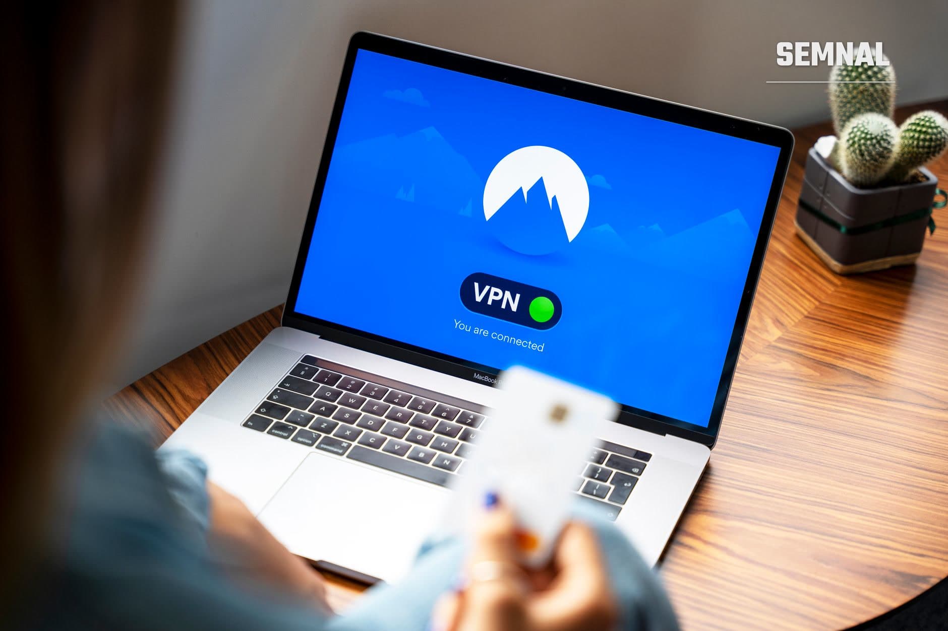 Ecran de laptop MacBook cu aplicație VPN activată, afișând starea de conectare și interfața de utilizator, cactus pe birou din lemn.