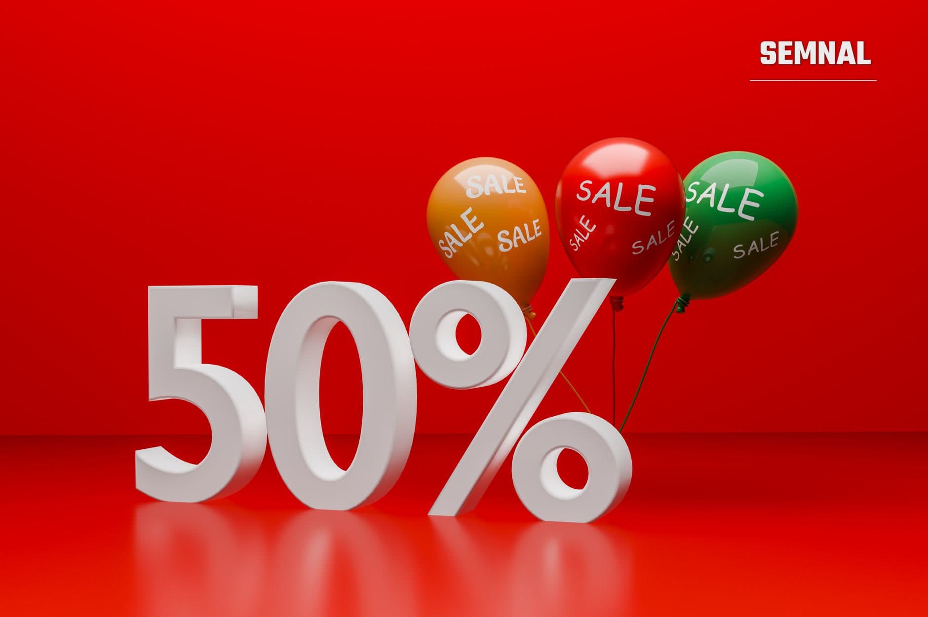 Ilustrație comercială cu text '50%' în alb pe fundal roșu și trei baloane colorate pe care scrie 'SALE', reprezentând o promoție de reduceri de preț.