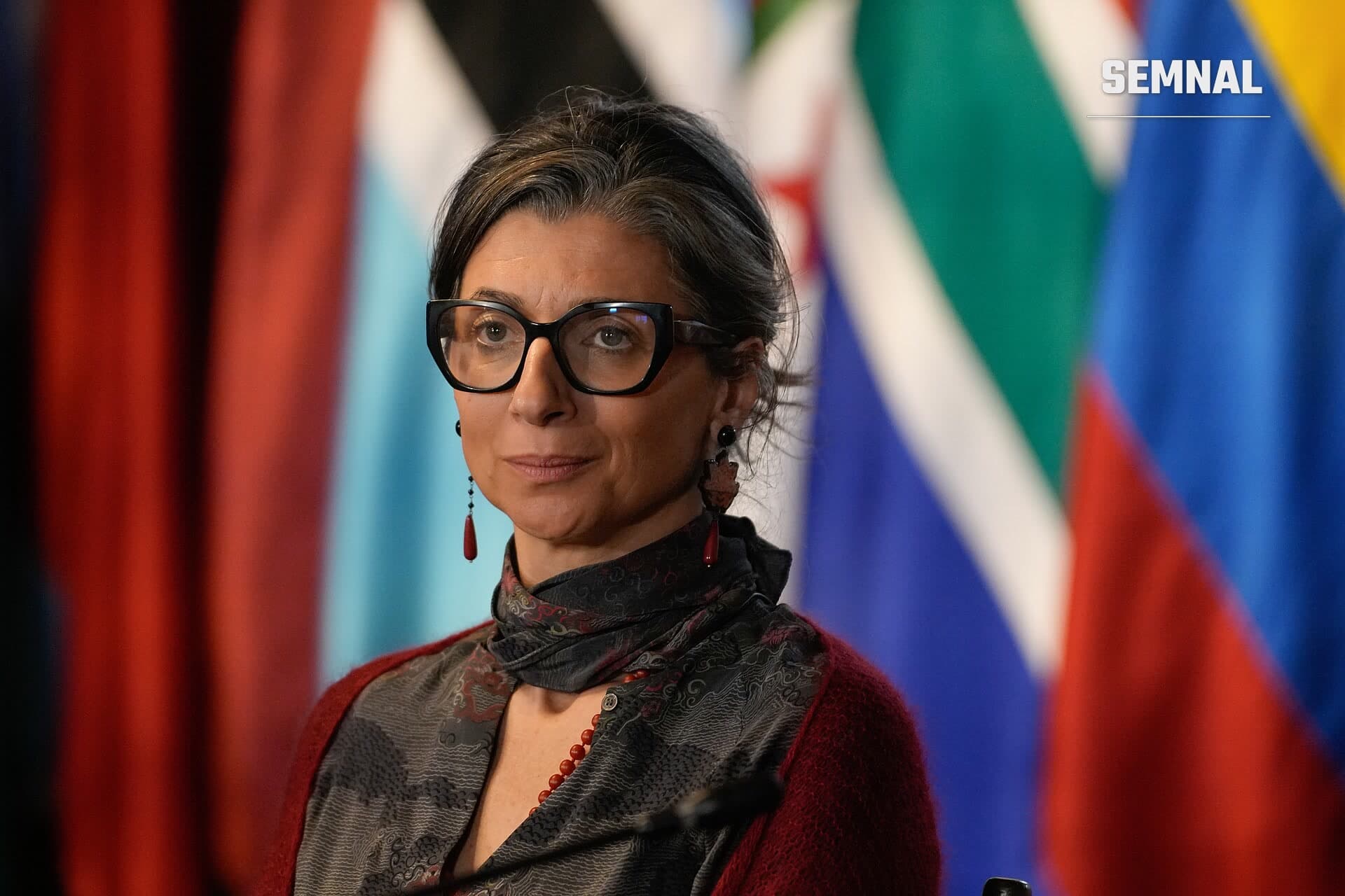 Francesca Albanese, raportoare specială a ONU, portretizată în fața unui perete cu drapele cu steaguri internaționale. (Foto: Fotografía oficial de la Presidencia de Colombia)