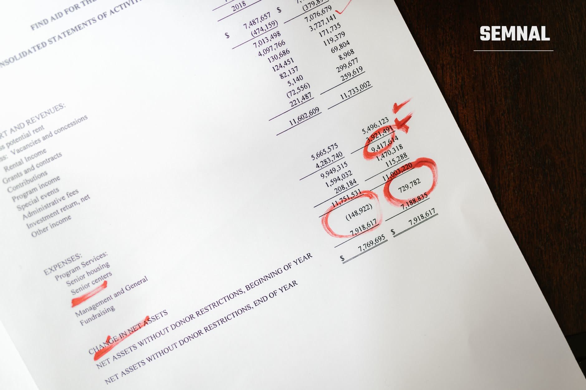 Extras din raport financiar cu cifre în dolari și markeri roșii evidențiind anumite linii, ilustrând examina și analiza datelor financiare. (Foto: RDNE Stock project / Pexels)