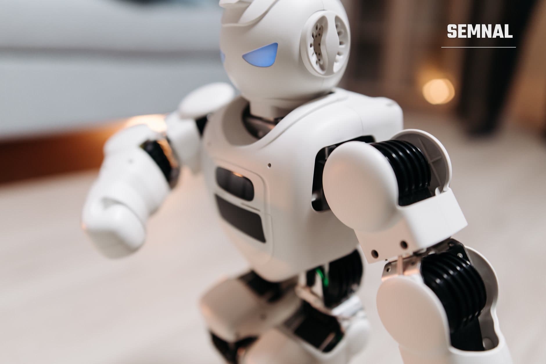 Prim-plan al unui robot de companie alb cu brațe articulate și mâini cilindrice, ochii albastri luminoși și detalii negre, reprezentând tehnologia de asistență AI pentru locuințe. (Foto: Pavel Danilyuk / Pexels)