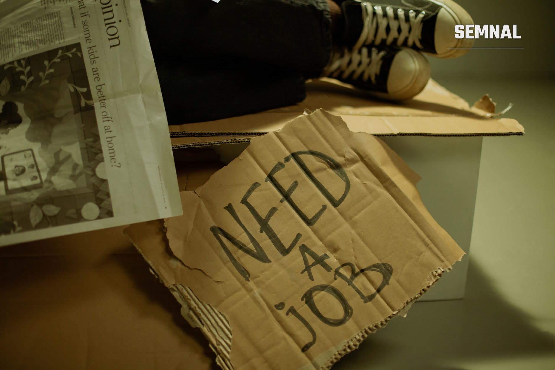 Cutie de carton deschisă cu mesajul «NEED A JOB» scris cu marker negru, alături de ziar și adidași albi, reprezentând căutarea unui loc de muncă și angajarea pe piața forței de muncă. (Foto: Ron Lach / Pexels)