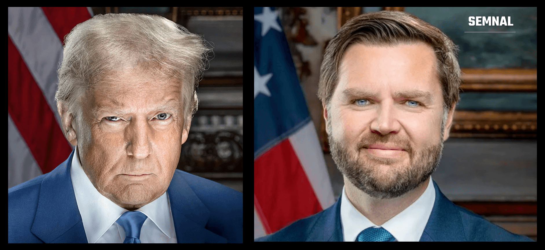 JD Vance, vicepreședintele, în portret oficial de presă frontală, cu costum bleumarin și cravată albastră, în fața steagului american și decorului oficial. (Foto: U.S. Government)
