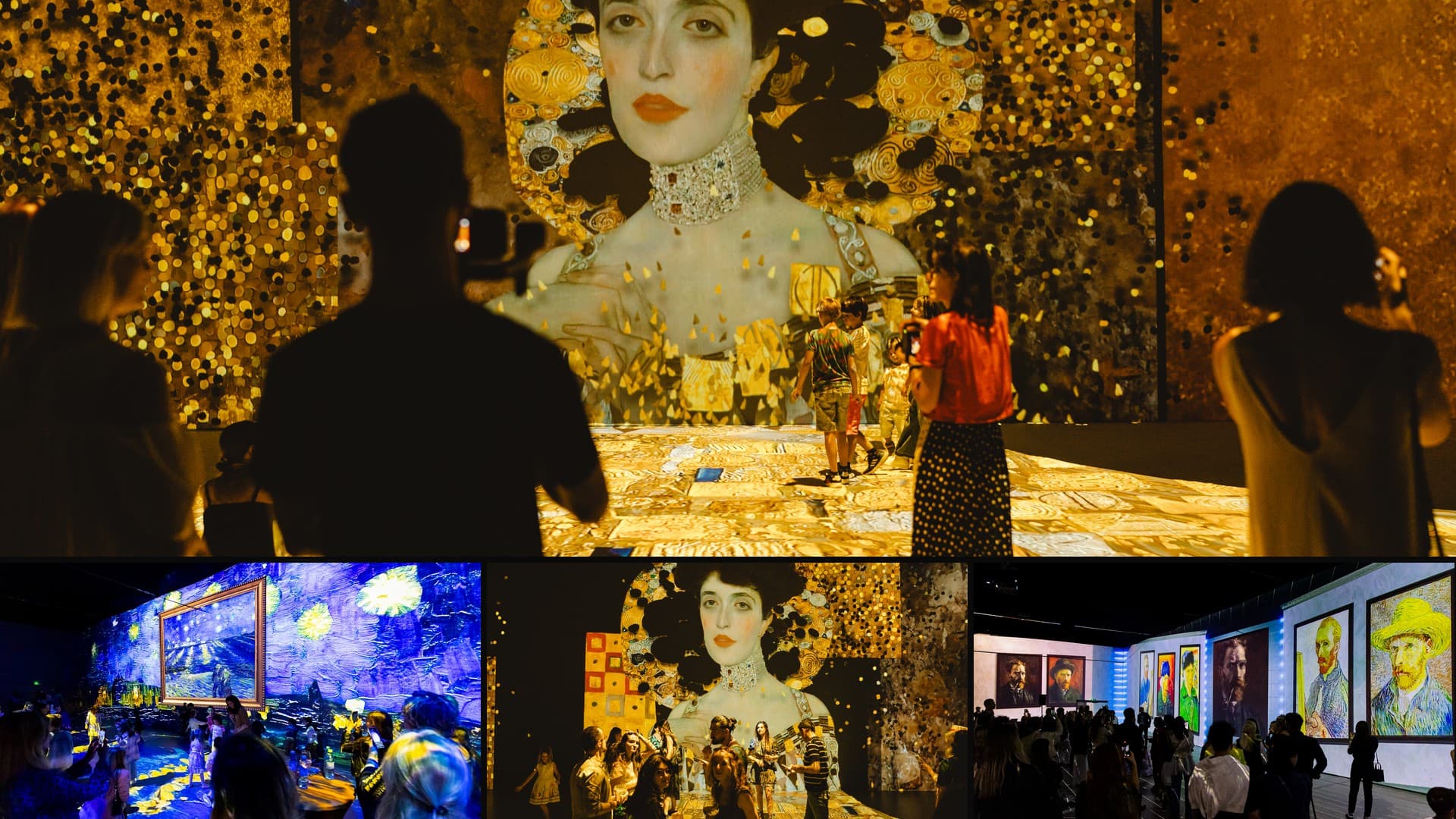 Colaj din instalațiile imersive MINA: sala aurie Klimt, camera Van Gogh cu „Noaptea înstelată" în lumină albastră și peretele cu autoportrete Van Gogh