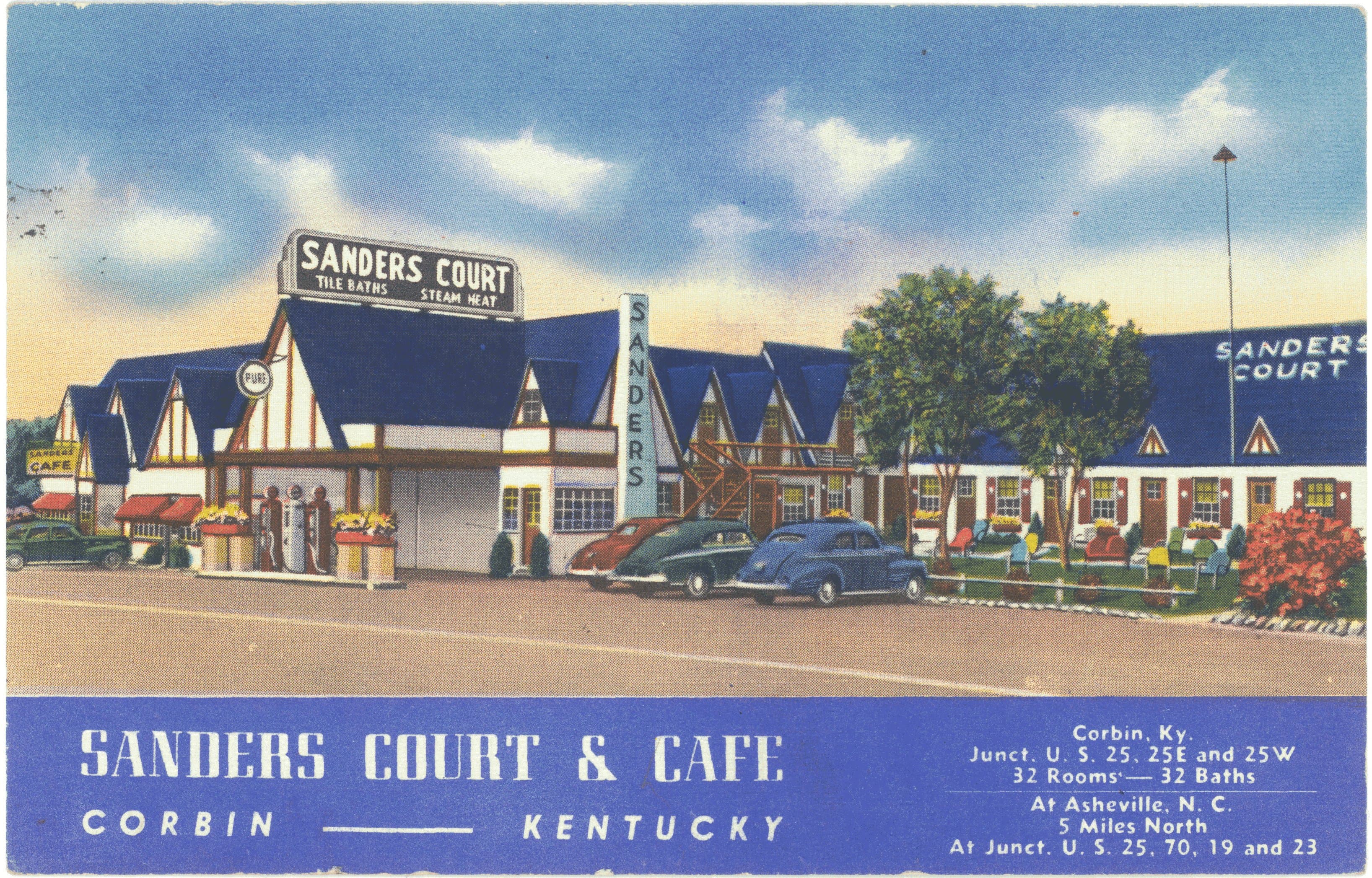 Carte poștală veche din anii 1930 cu restaurantul și motelul Sanders Court and Café, unul dintre primele localuri ale colonelului Harland Sanders