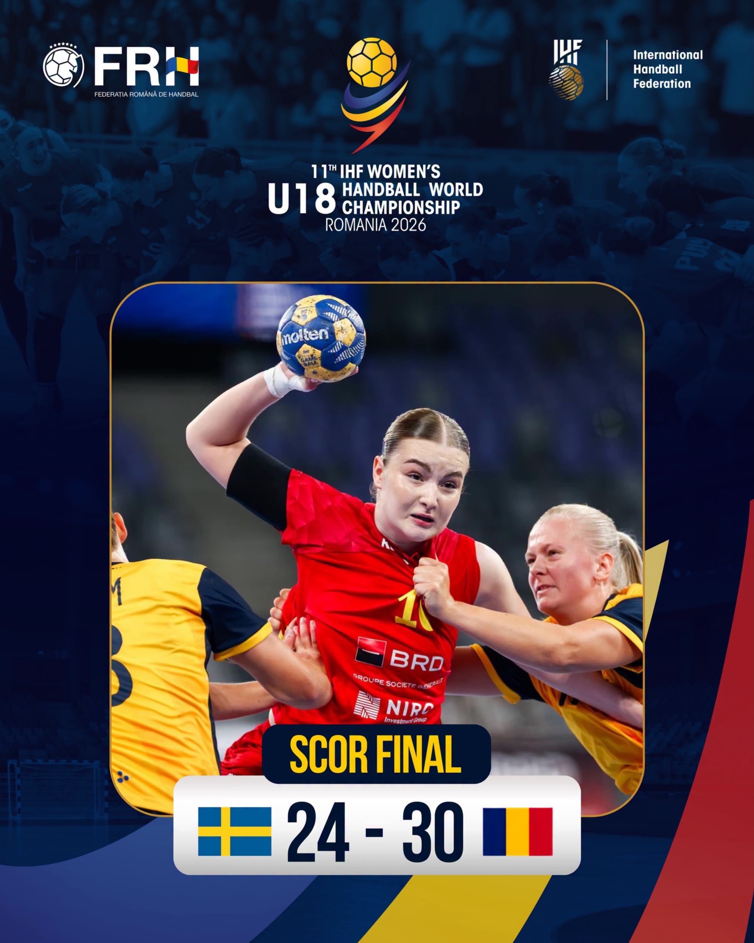 Grafica oficială FRH: scor final Suedia - România 24-30, Campionatul Mondial de handbal feminin U18