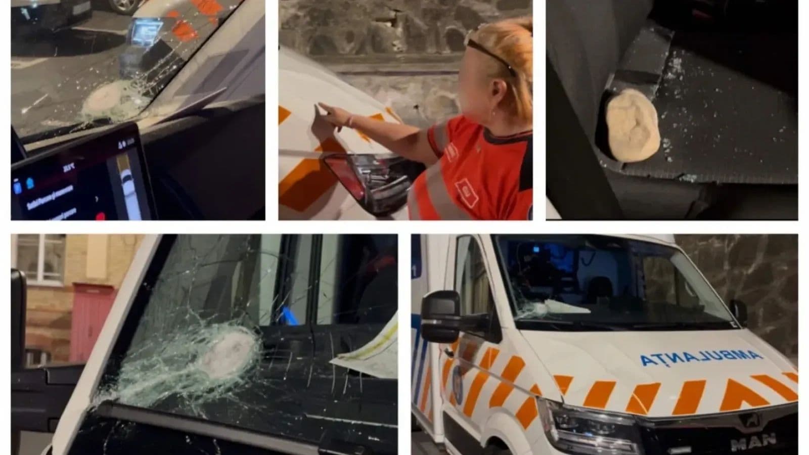 Colaj cu ambulanța atacată în Recea-Cristur: parbriz spart de o piatră, piatra căzută în habitaclu și autosanitara avariată
