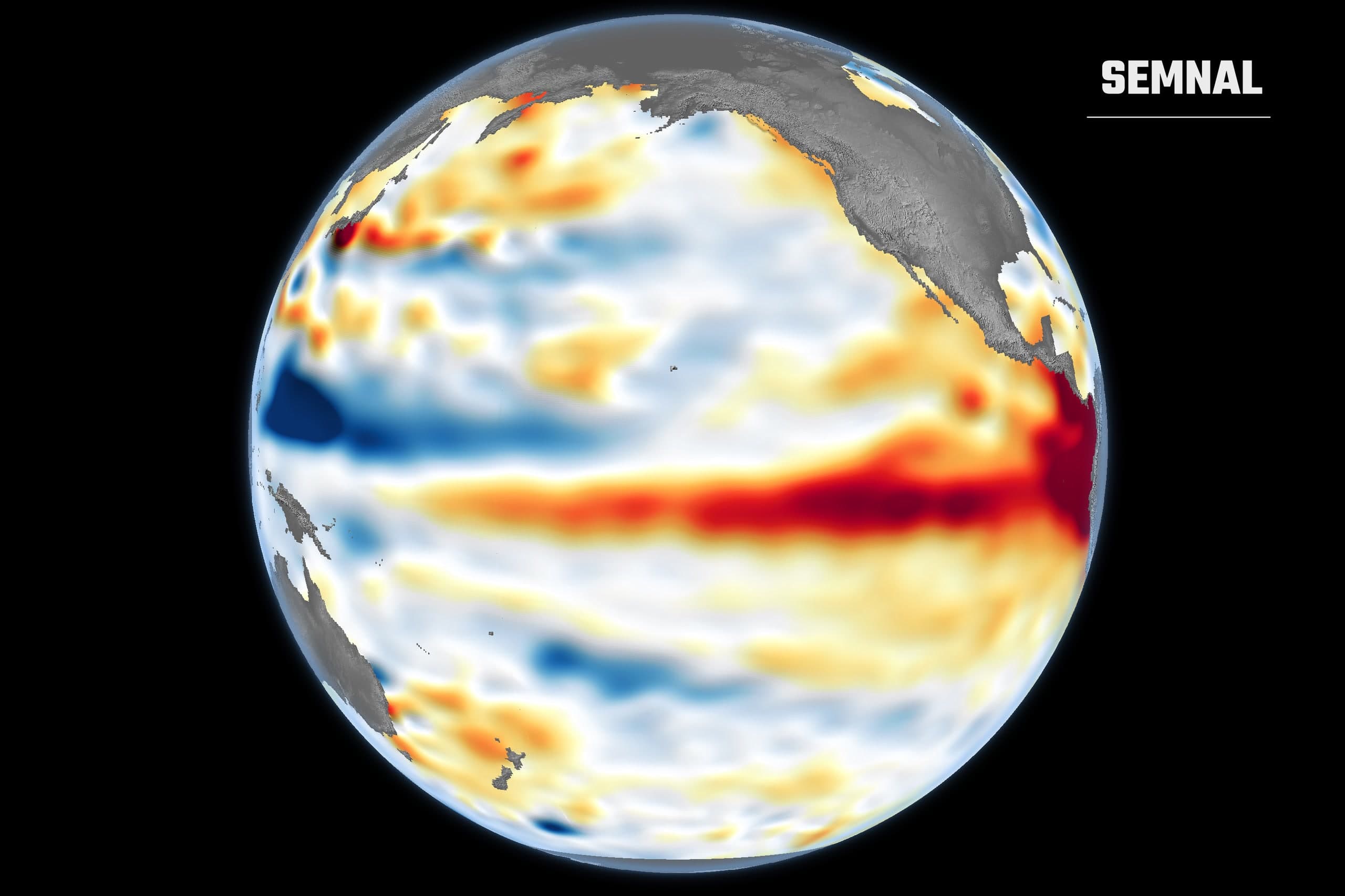 Hartă NASA a anomaliilor nivelului mării în Pacificul ecuatorial din iunie 2026, cu o bandă roșie de ape mai calde și mai înalte decât normal, semn al fenomenului El Niño