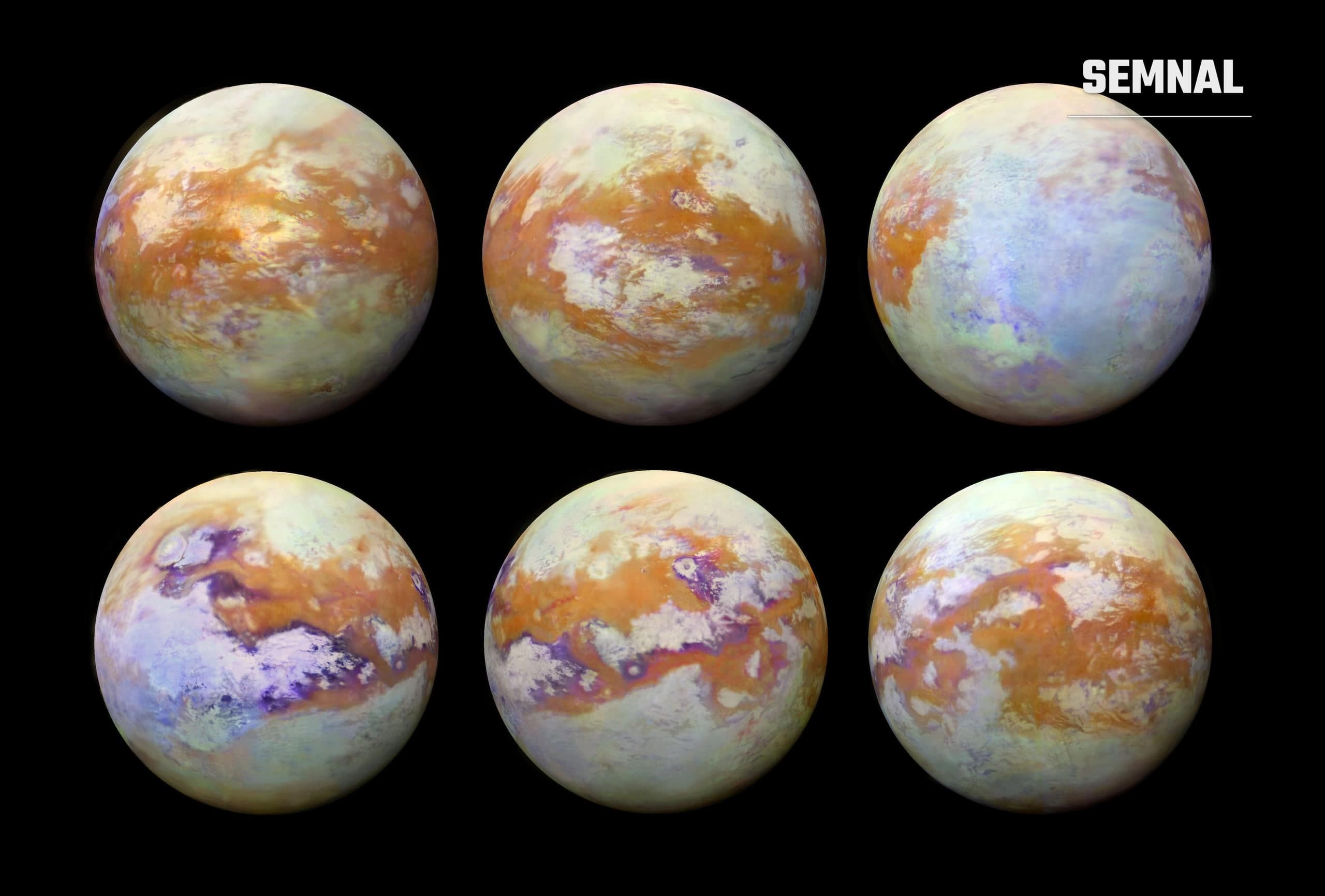 Mozaic global al suprafeței lunii Titan realizat din imagini în infraroșu ale sondei Cassini, cu zone de culori diferite care indică materiale diferite pe sol