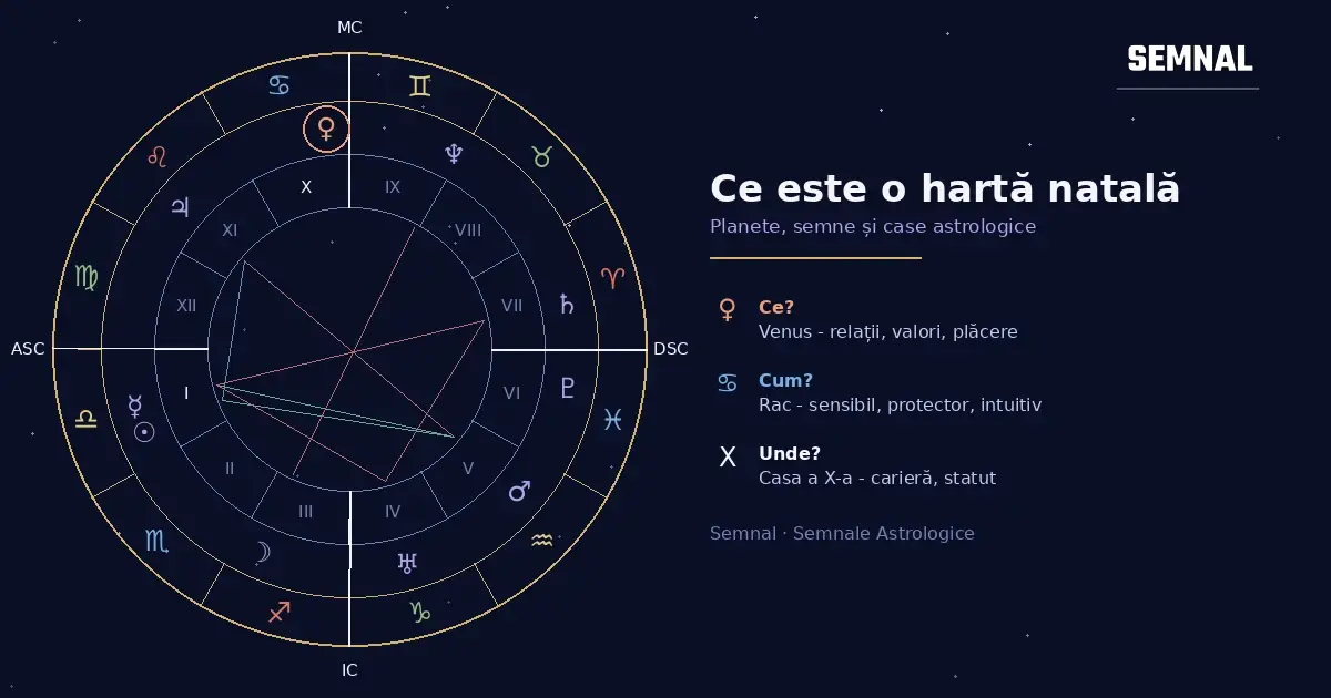 Hartă natală: roata astrologică cu cele 12 semne, cele 12 case și planetele, cu Venus în Rac în Casa a X-a evidențiat