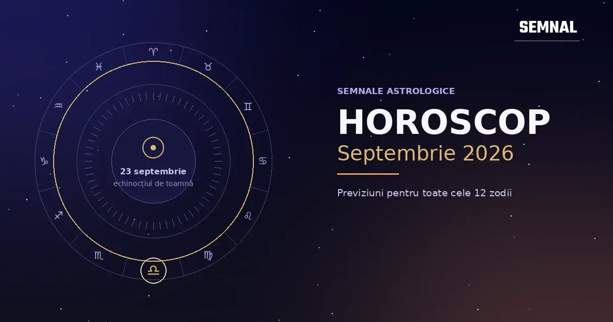 Roata zodiacală cu cele 12 semne și Balanța evidențiată - horoscop septembrie 2026 și echinocțiul de toamnă