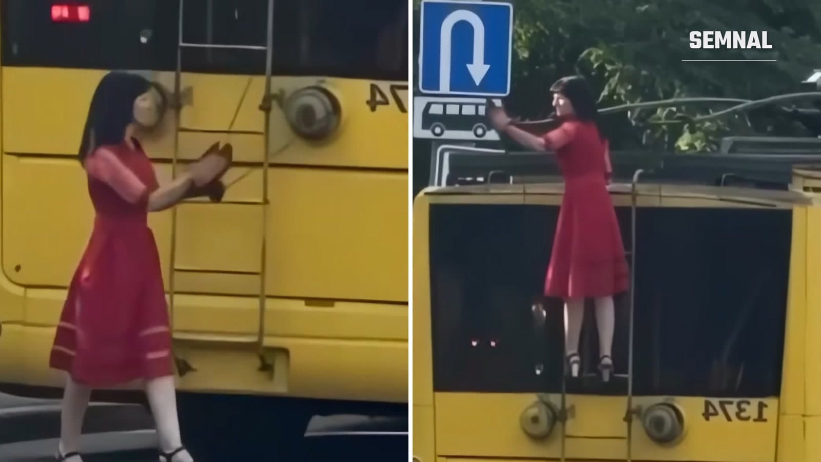 Șoferiță de troleibuz în rochie roșie urcând pe scara din spatele vehiculului și stând pe acoperiș, la Kiev