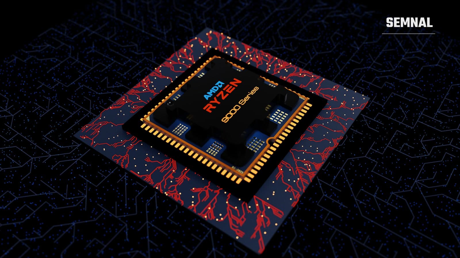 Procesor AMD Ryzen cu design de circuit portocaliu și roșu, fotografiat în prim-plan pe fundal întunecat