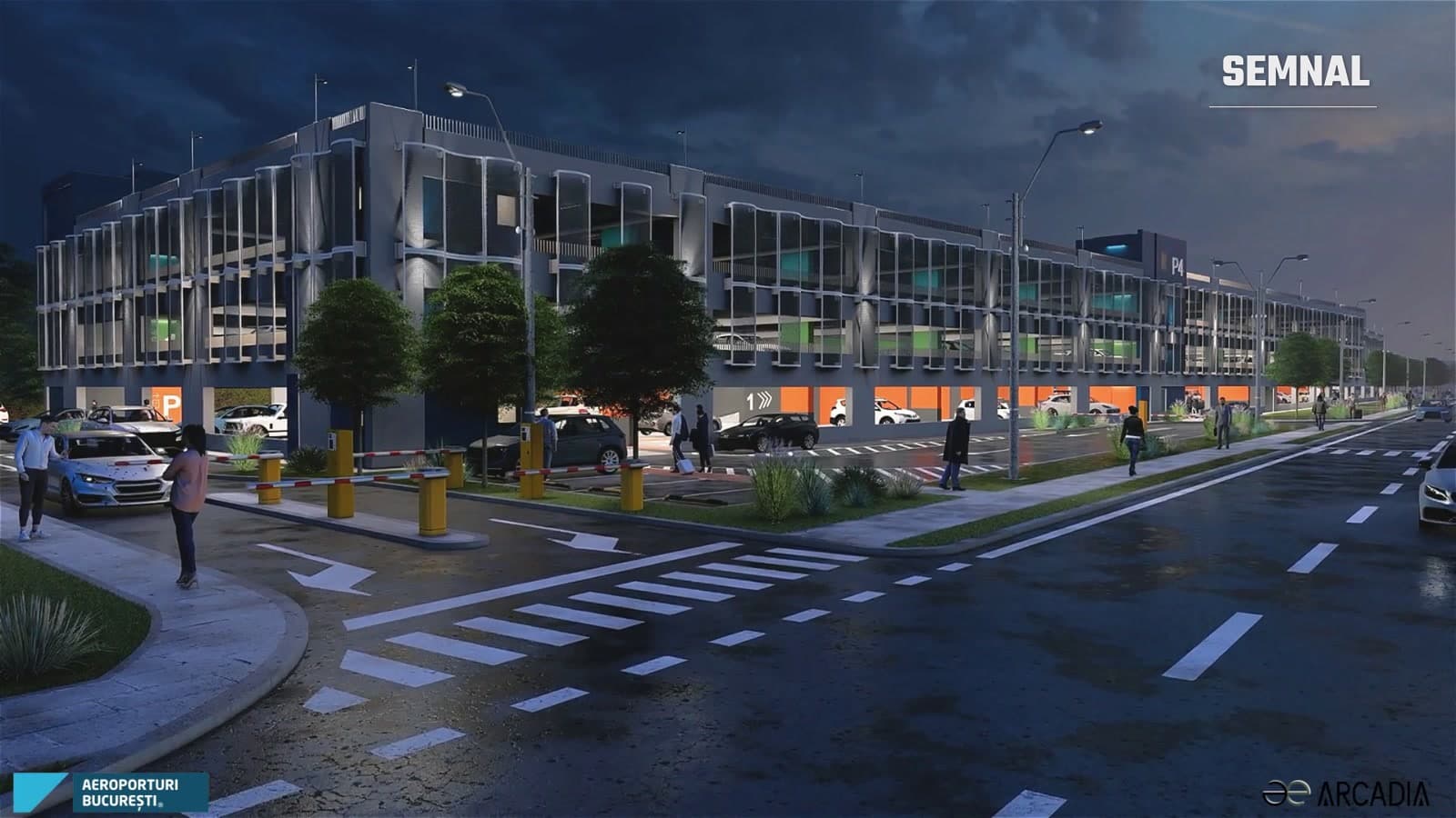 Randare nocturnă a viitoarei parcări cu patru niveluri de la Aeroportul Henri Coandă, văzută de la nivelul străzii