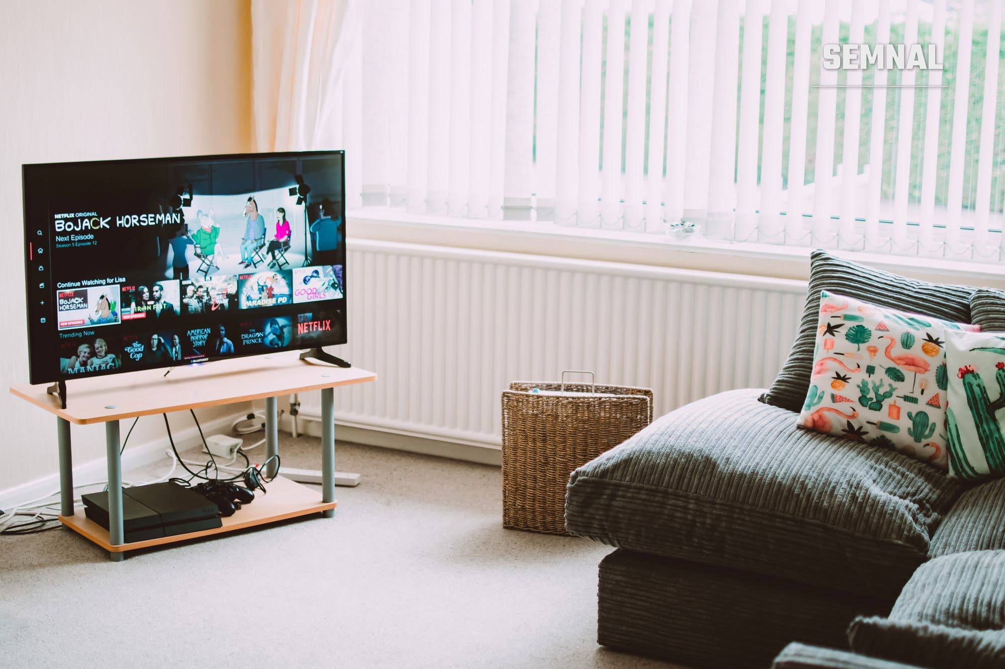 Televizor cu conținut de streaming redat într-un living modern - imagine ilustrativă (Pexels / Lisa Fotios)
