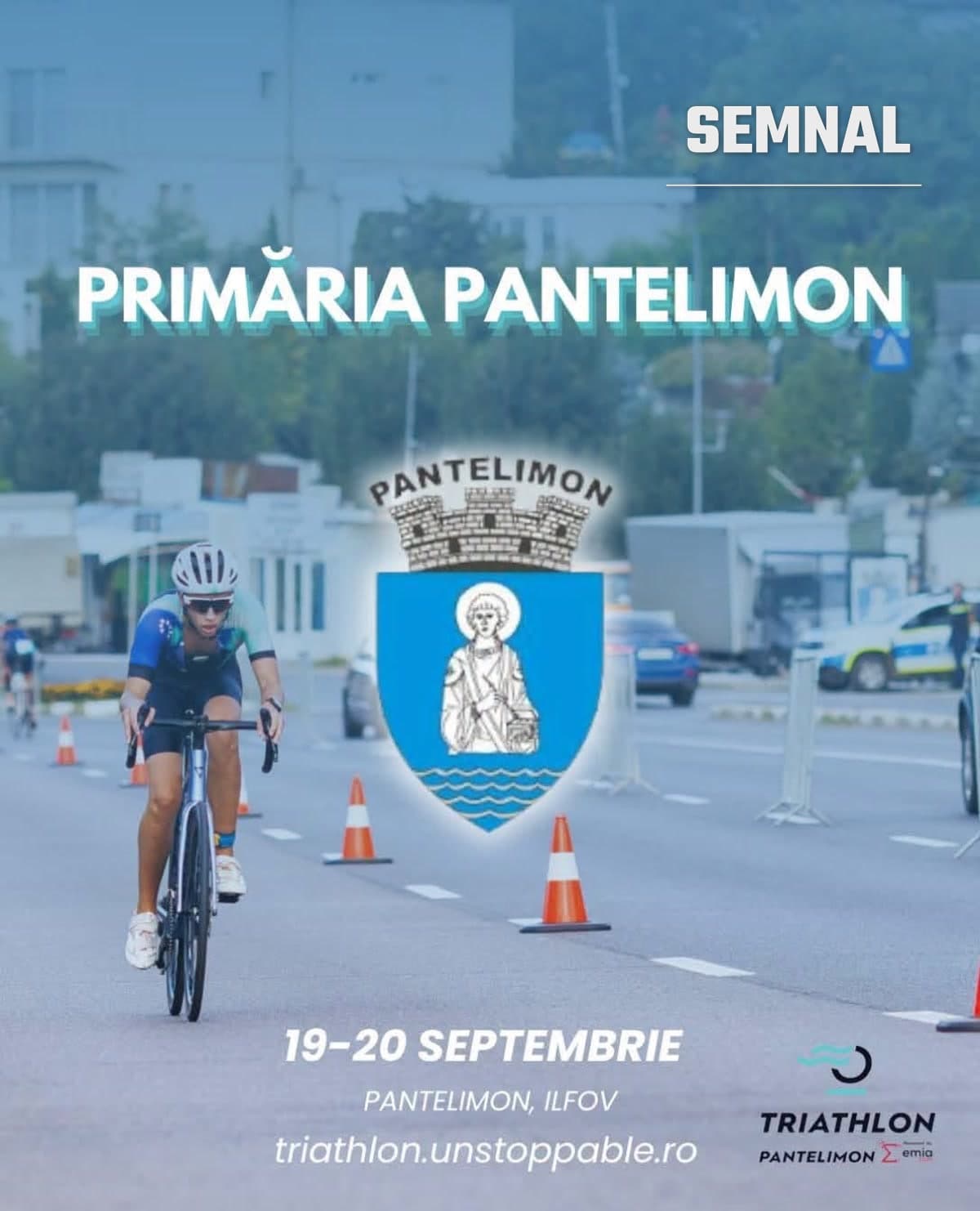 Afiș al competiției Triathlon Pantelimon, 19-20 septembrie, organizat de Primăria Pantelimon