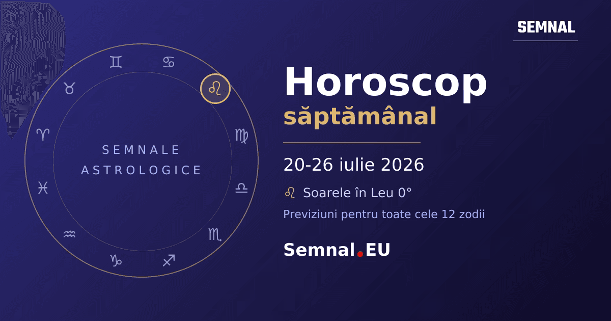 Roată zodiacală cu cele 12 semne, cu semnul în care se află Soarele evidențiat - horoscop săptămânal 20-26 iulie 2026