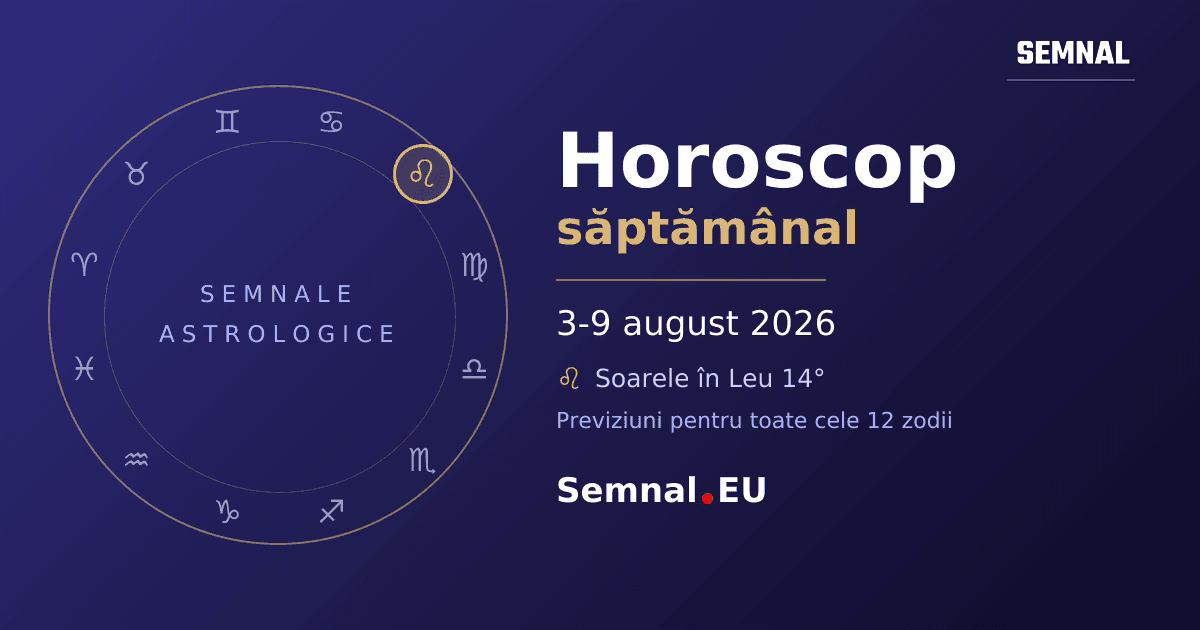 Roată zodiacală cu cele 12 semne, cu semnul în care se află Soarele evidențiat - horoscop săptămânal 3-9 august 2026