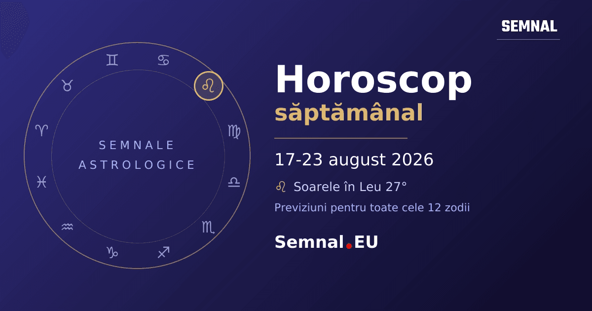 Roată zodiacală cu cele 12 semne, cu semnul în care se află Soarele evidențiat - horoscop săptămânal 17-23 august 2026