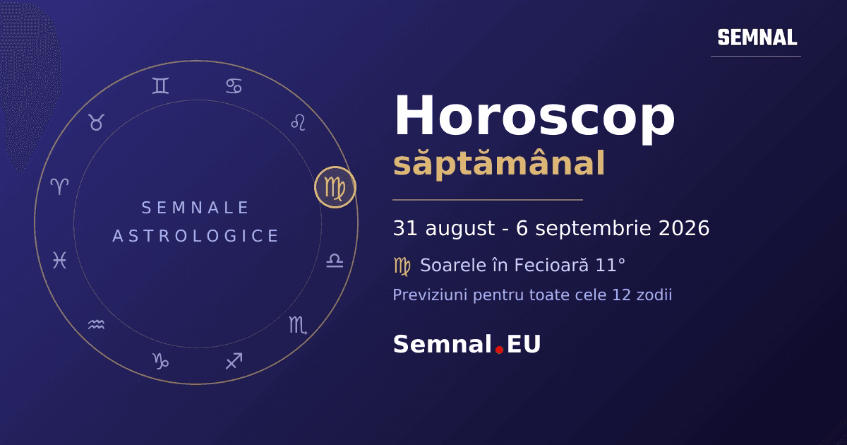 Roată zodiacală cu cele 12 semne, cu semnul în care se află Soarele evidențiat - horoscop săptămânal 31 august - 6 septembrie 2026