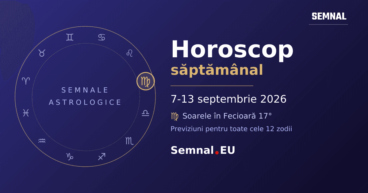 Roată zodiacală cu cele 12 semne, cu semnul în care se află Soarele evidențiat - horoscop săptămânal 7-13 septembrie 2026