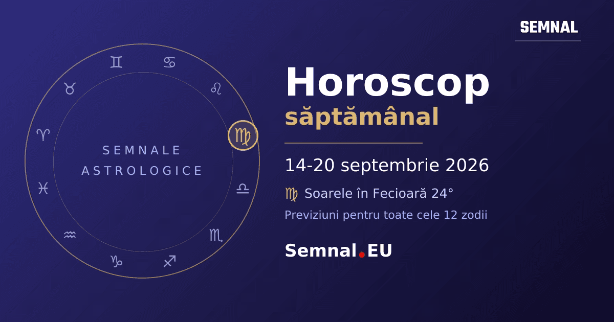 Roată zodiacală cu cele 12 semne, cu semnul în care se află Soarele evidențiat - horoscop săptămânal 14-20 septembrie 2026