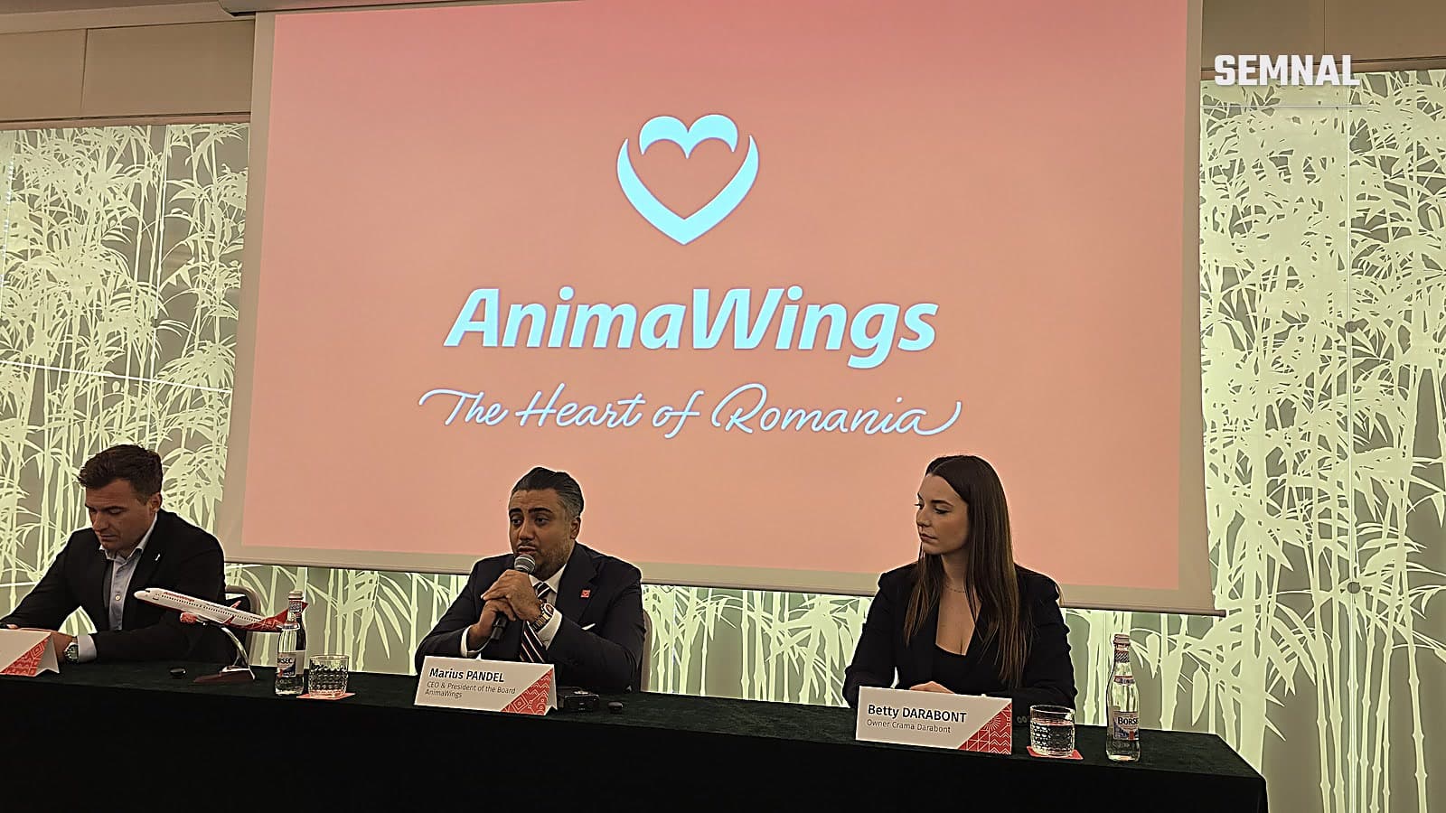 Conducerea AnimaWings la o conferință de presă, în fața unui ecran cu sigla companiei și sloganul The Heart of Romania