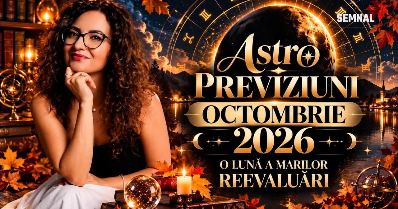 Rodica Spînu lângă un peisaj de toamnă cu Luna și roata zodiacală, sub titlul Astro Previziuni Octombrie 2026, o lună a marilor reevaluări