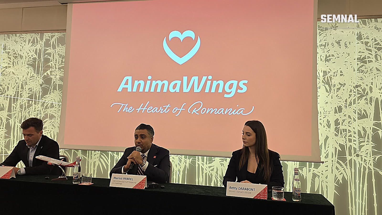 Marius Pandel, CEO și președinte al consiliului de administrație AnimaWings, vorbește la o conferință de presă, alături de Alin Rățoi și Betty Darabont, în fața siglei companiei