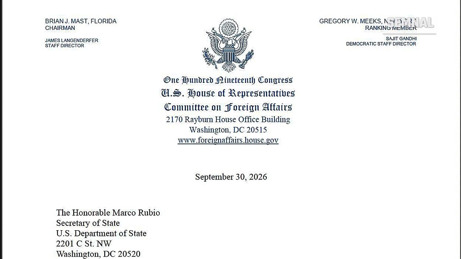 Antetul scrisorii trimise de congresmanul Gregory Meeks secretarului de stat Marco Rubio, datată 30 septembrie 2026, pe hârtia Comisiei pentru afaceri externe a Camerei Reprezentanților