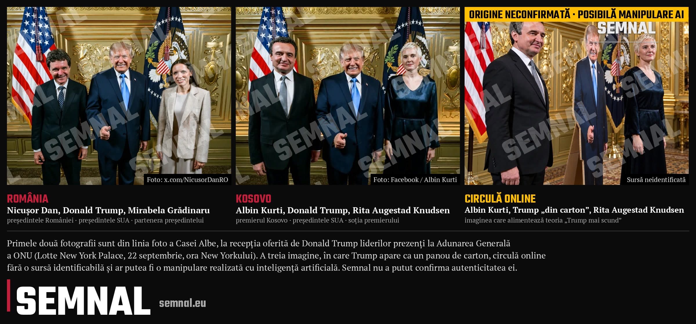 Colaj cu trei fotografii: Nicușor Dan și Mirabela Grădinaru cu Donald Trump, Albin Kurti și soția sa cu Trump, și imaginea virală cu Trump ca panou de carton