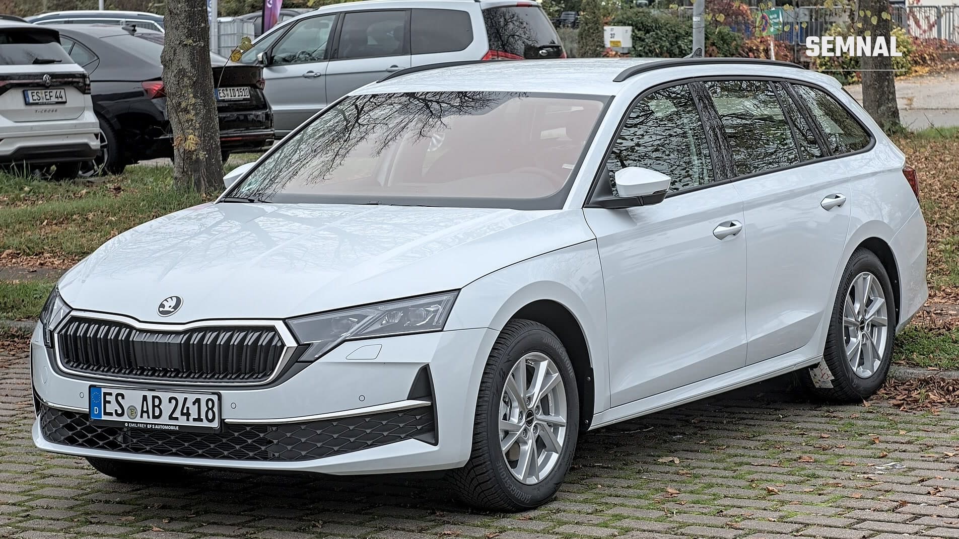 Škoda Octavia Combi albă, fotografiată din față și din lateral, parcată pe pavaj, cu frunze de toamnă pe jos