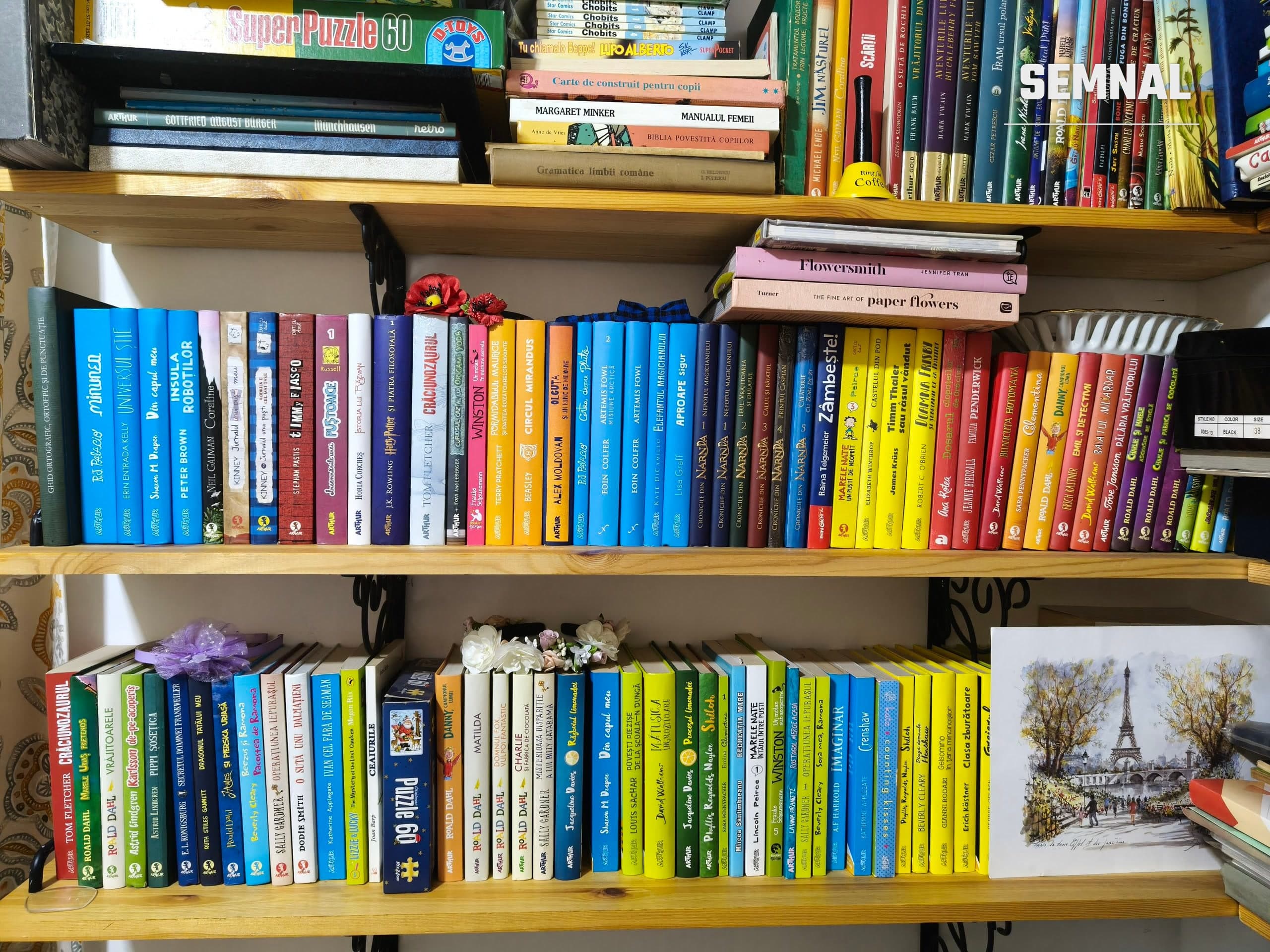 Raft de bibliotecă cu cărți pentru copii și tineri aranjate pe culori, multe apărute la Editura Arthur