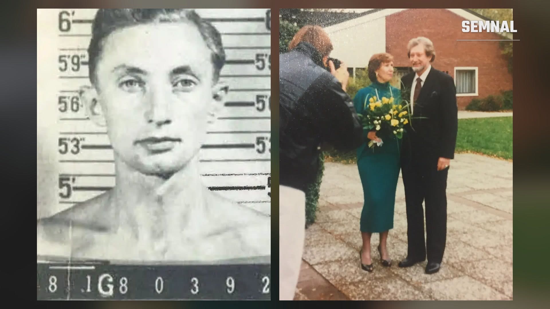 Georg Gärtner în fotografia de identificare din lagăr și, decenii mai târziu, sub identitatea Dennis Whiles