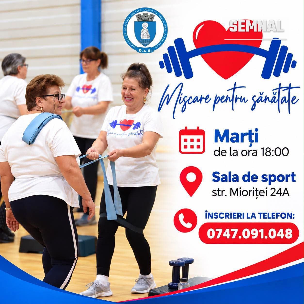 Afiș al cursurilor „Mișcare pentru sănătate” din Pantelimon, cu două femei care fac exerciții cu bandă elastică într-o sală de sport, alături de programul și numărul de telefon pentru înscrieri