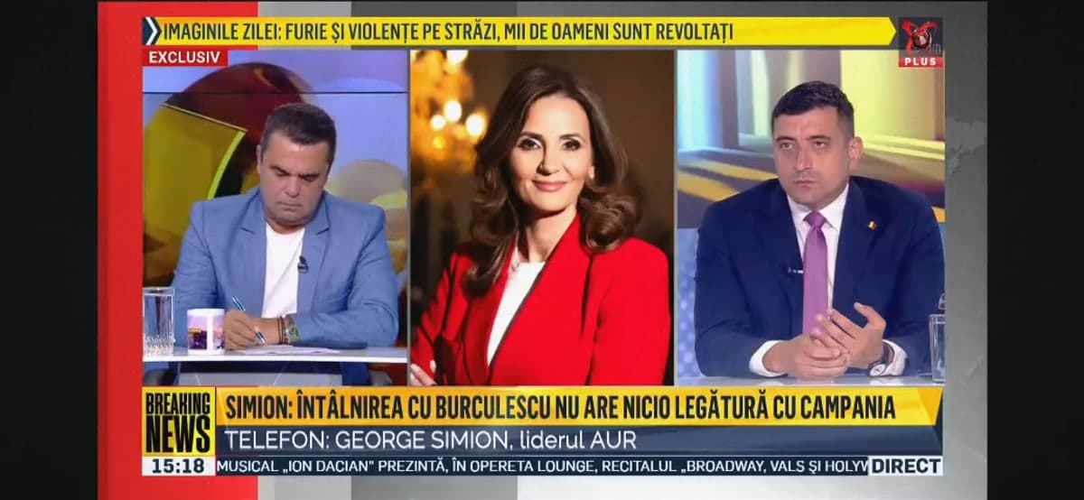 Laurențiu Botin, Anca Alexandrescu și George Simion, în emisiunea Realitatea Plus din 8 octombrie, în timpul intervenției telefonice a liderului AUR