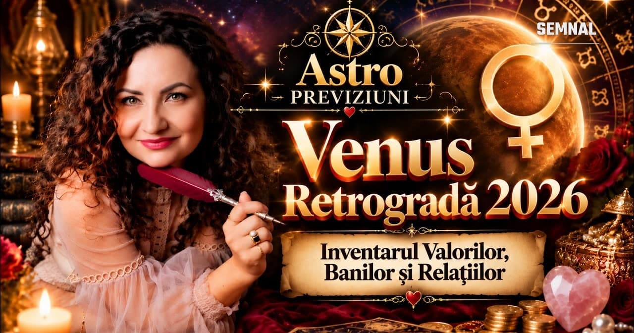 Rodica Spînu cu o pană în mână, lângă simbolul planetei Venus și titlul Venus Retrogradă 2026, inventarul valorilor, banilor și relațiilor