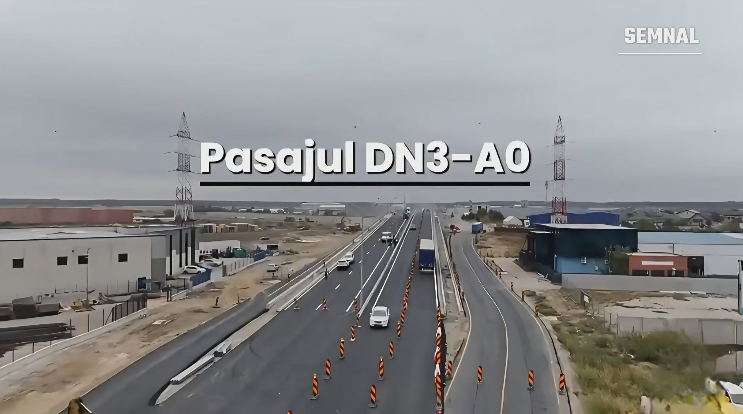 Pasajul DN3-A0 văzut de sus, cu mașini și un camion pe benzile deschise circulației, între hale industriale și stâlpi de înaltă tensiune