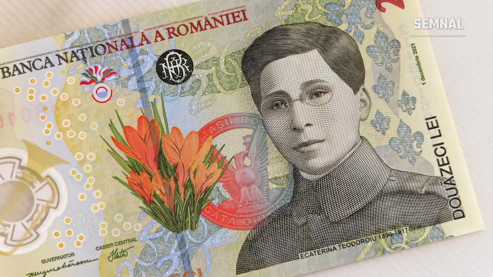 Bancnotă de 20 de lei, cu portretul Ecaterinei Teodoroiu și inscripția Banca Națională a României, fotografiată pe fundal alb