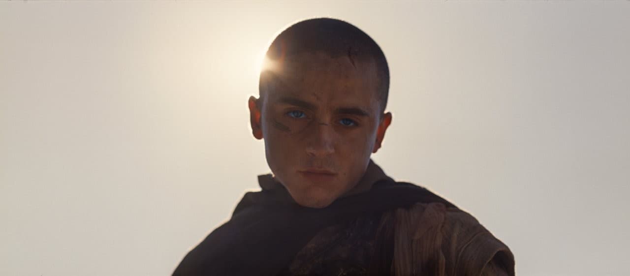 Timothée Chalamet în rolul lui Paul Atreides, cu capul ras și cicatrici pe față, în contralumină în deșert, în „Dune: Partea III”