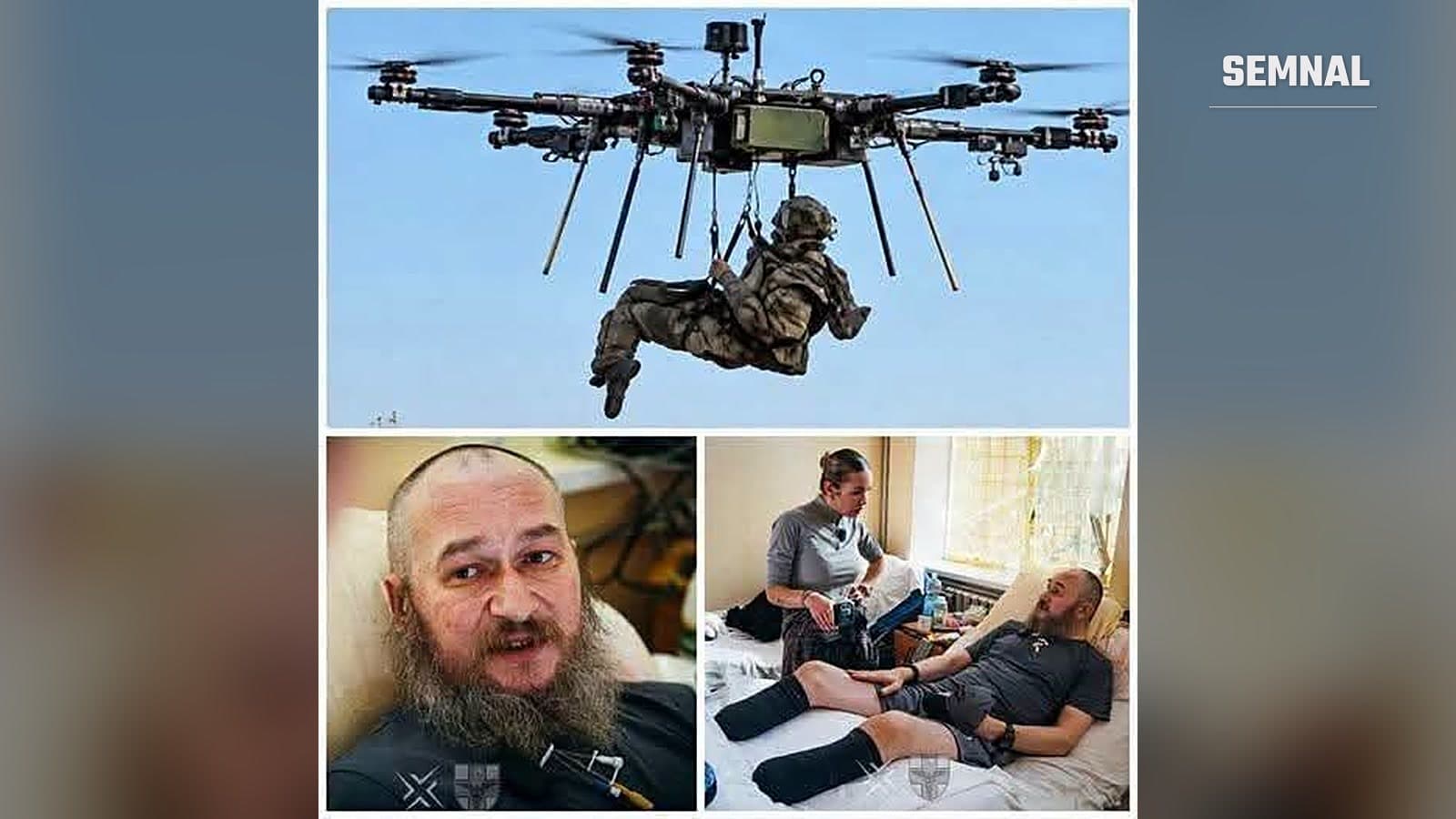 Colaj: militar ucrainean suspendat sub o dronă grea, Kostiantin Vlasenko în prim-plan și pe patul de spital, cu ambele picioare amputate