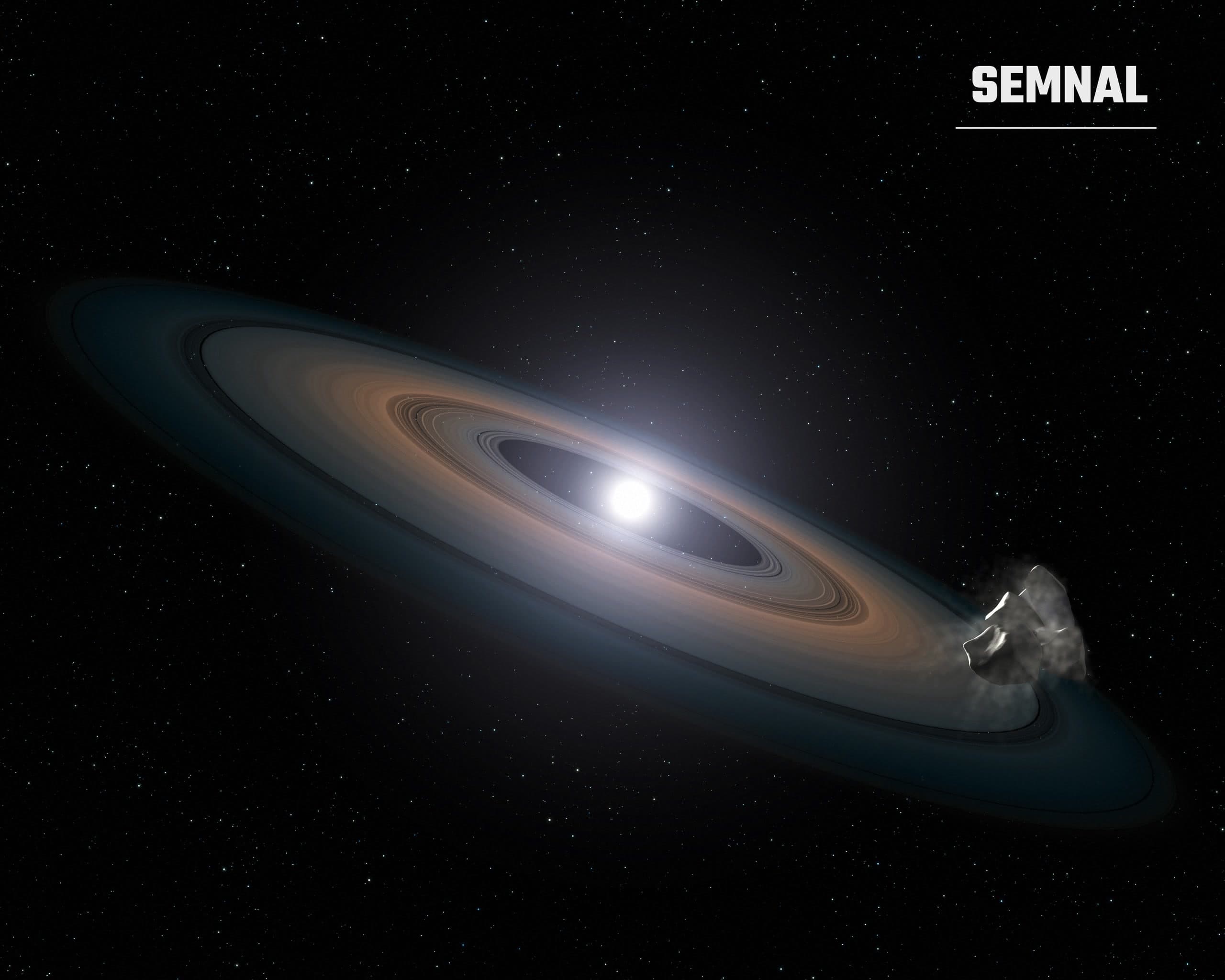 Ilustrație cu o pitică albă înconjurată de un disc de resturi stâncoase (Ilustrație: NASA, ESA, STScI și G. Bacon (STScI))