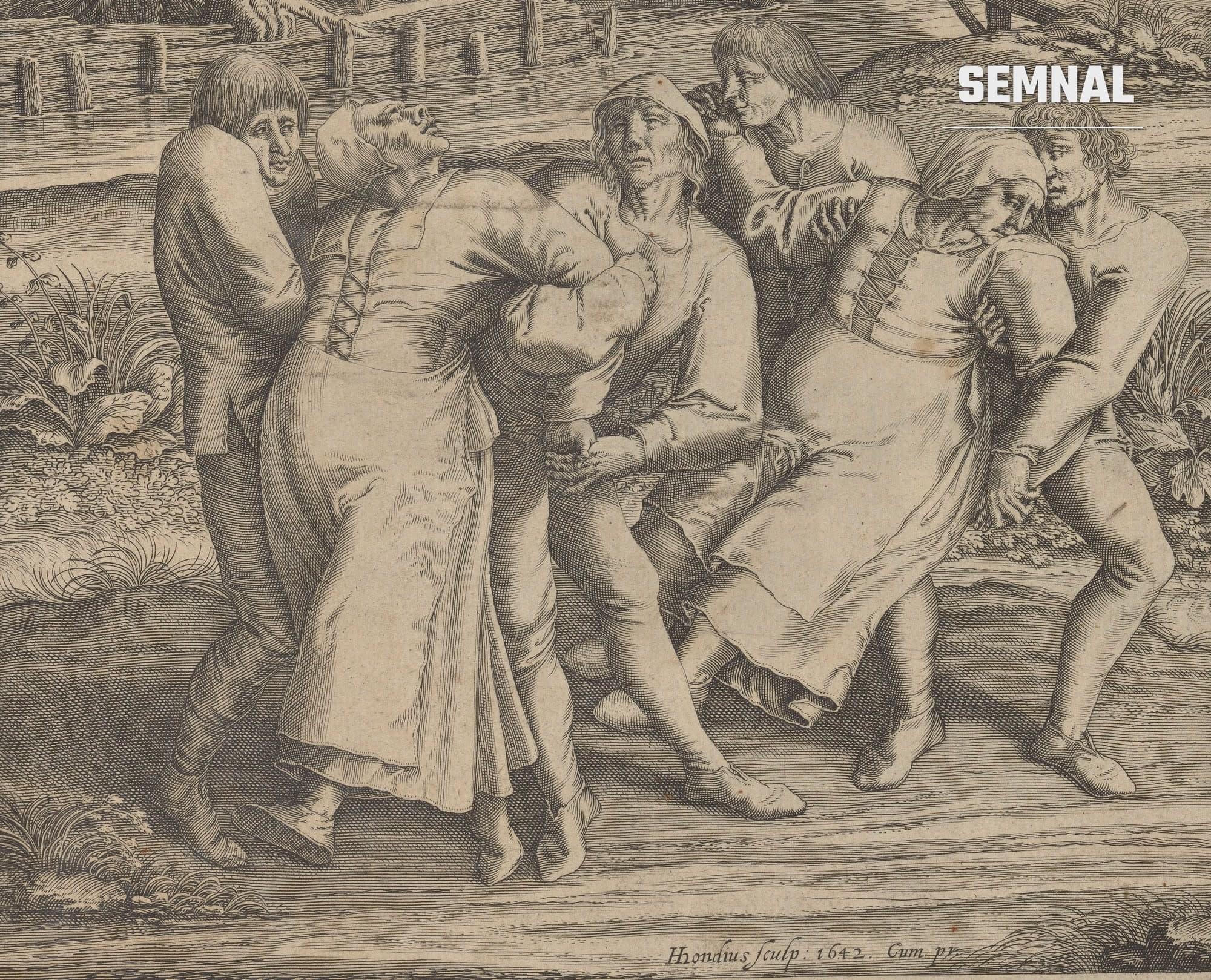 Gravură din 1642 cu șase oameni care sprijină două femei epuizate, într-un peisaj de câmpie, scenă de pelerinaj asociată cu manii ale dansului din Țările de Jos