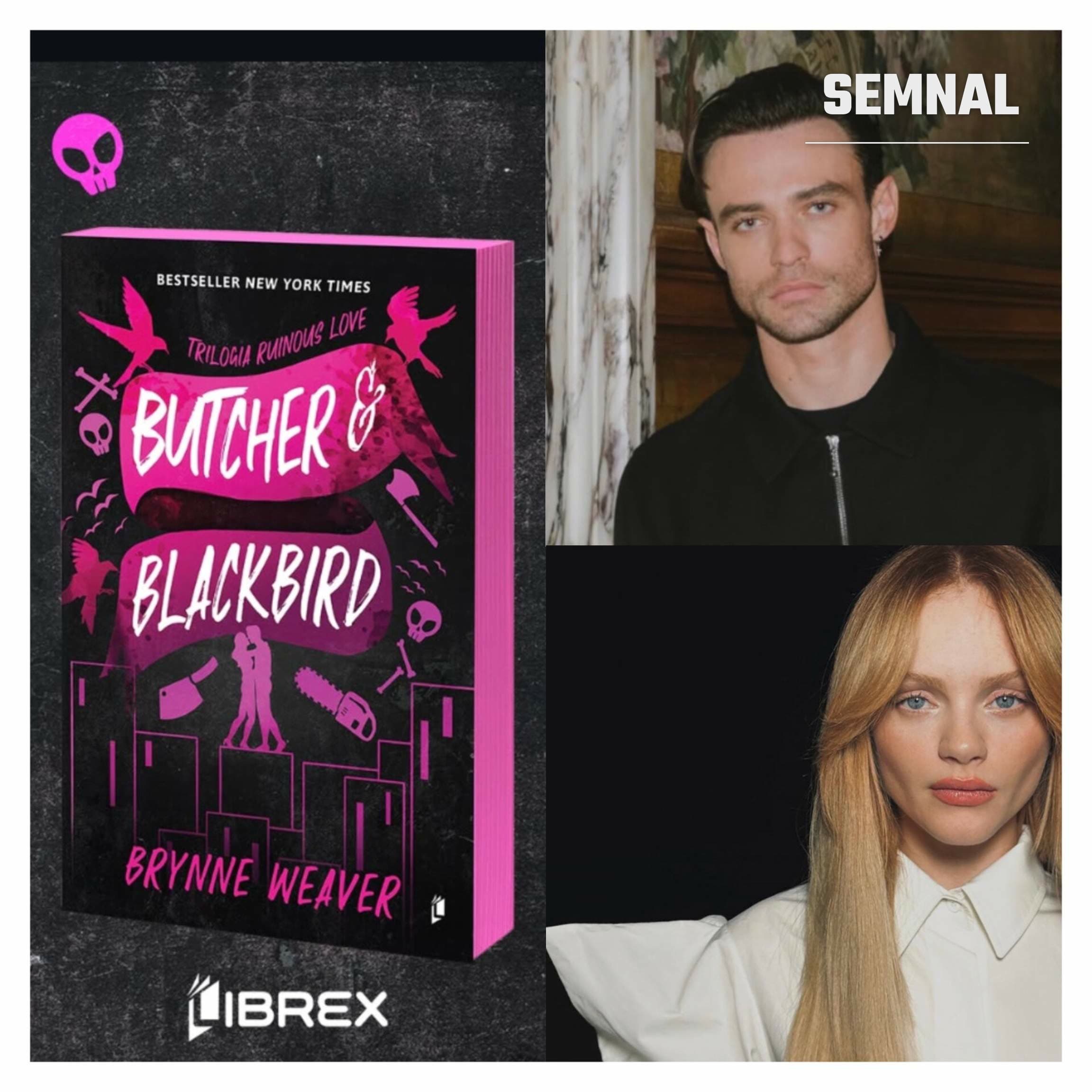 Coperta ediției în română a romanului Butcher & Blackbird de Brynne Weaver, apărută la Librex, alături de portretele actorilor Thomas Doherty și Emma Laird