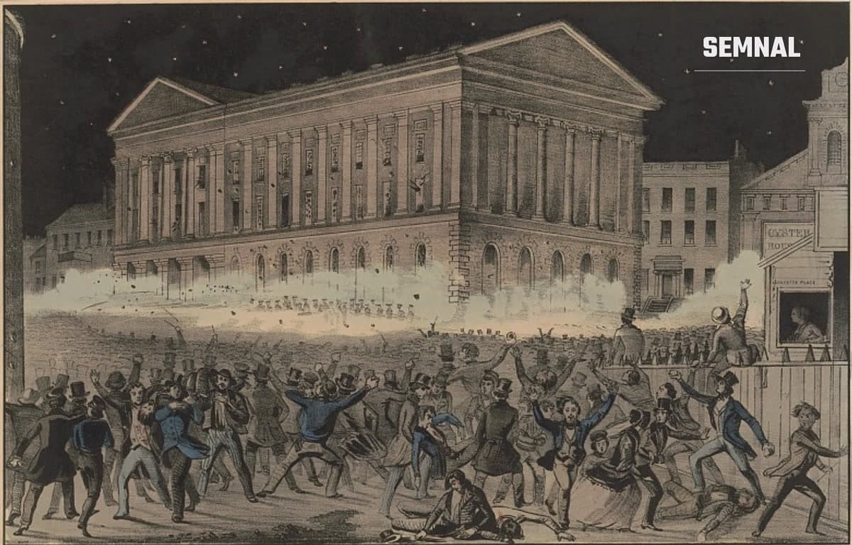 Litografie colorată din 1849 care înfățișează revolta de la Astor Place Opera House din New York