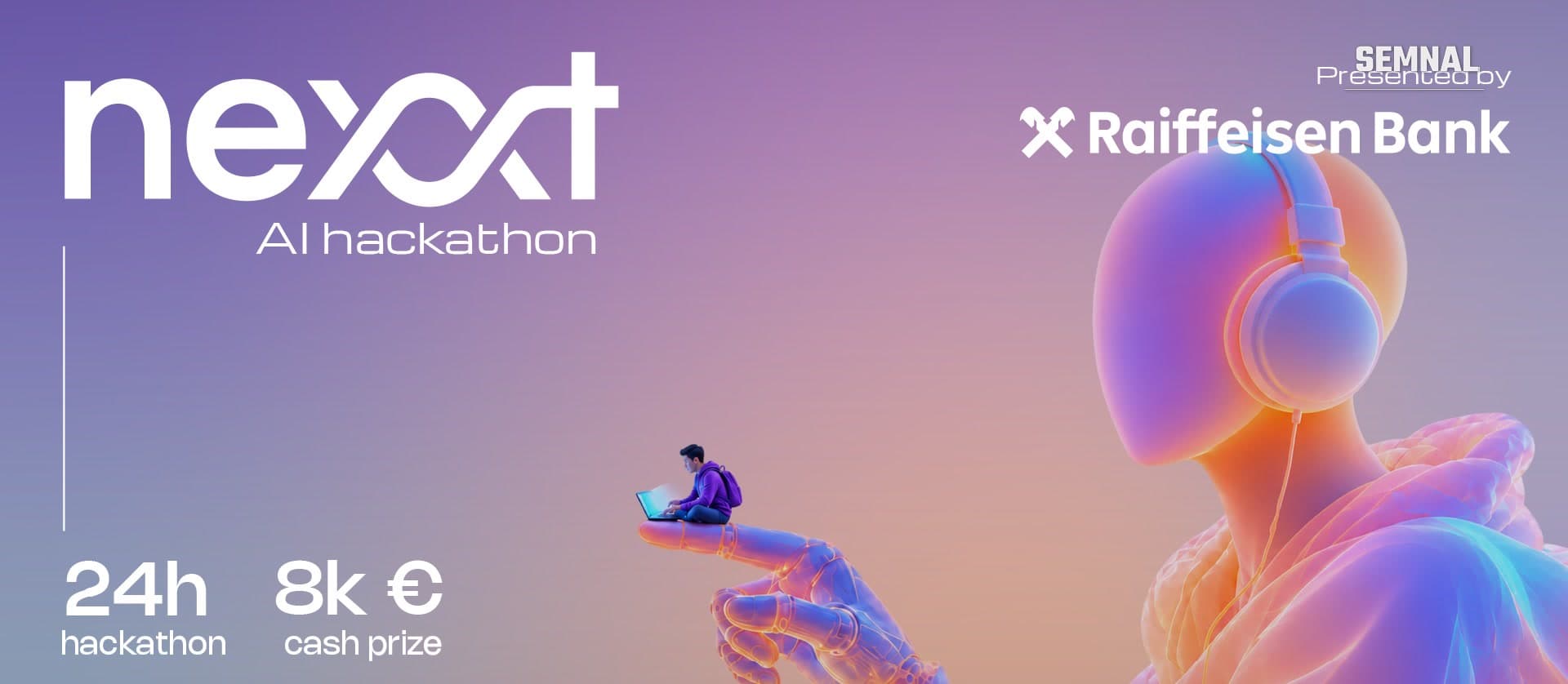 Vizualul oficial NEXXT AI Hackathon: un tânăr cu laptopul stă pe degetul unei siluete robotice mari cu căști, pe fundal violet, cu textele „24h hackathon” și „8k € cash prize”