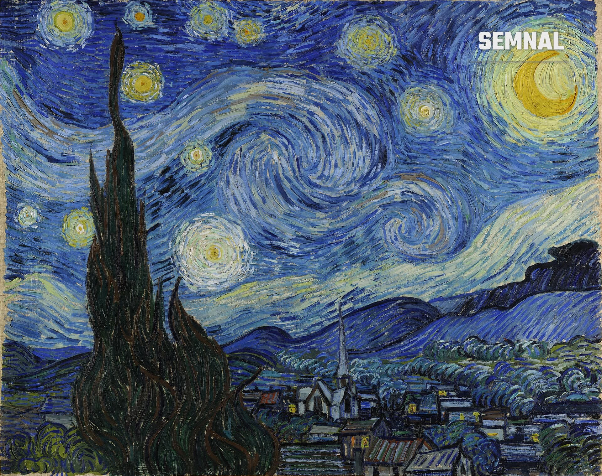 „Noapte înstelată” de Vincent van Gogh: cer albastru învolburat, cu stele galbene și o semilună, deasupra unui sat și a unui chiparos