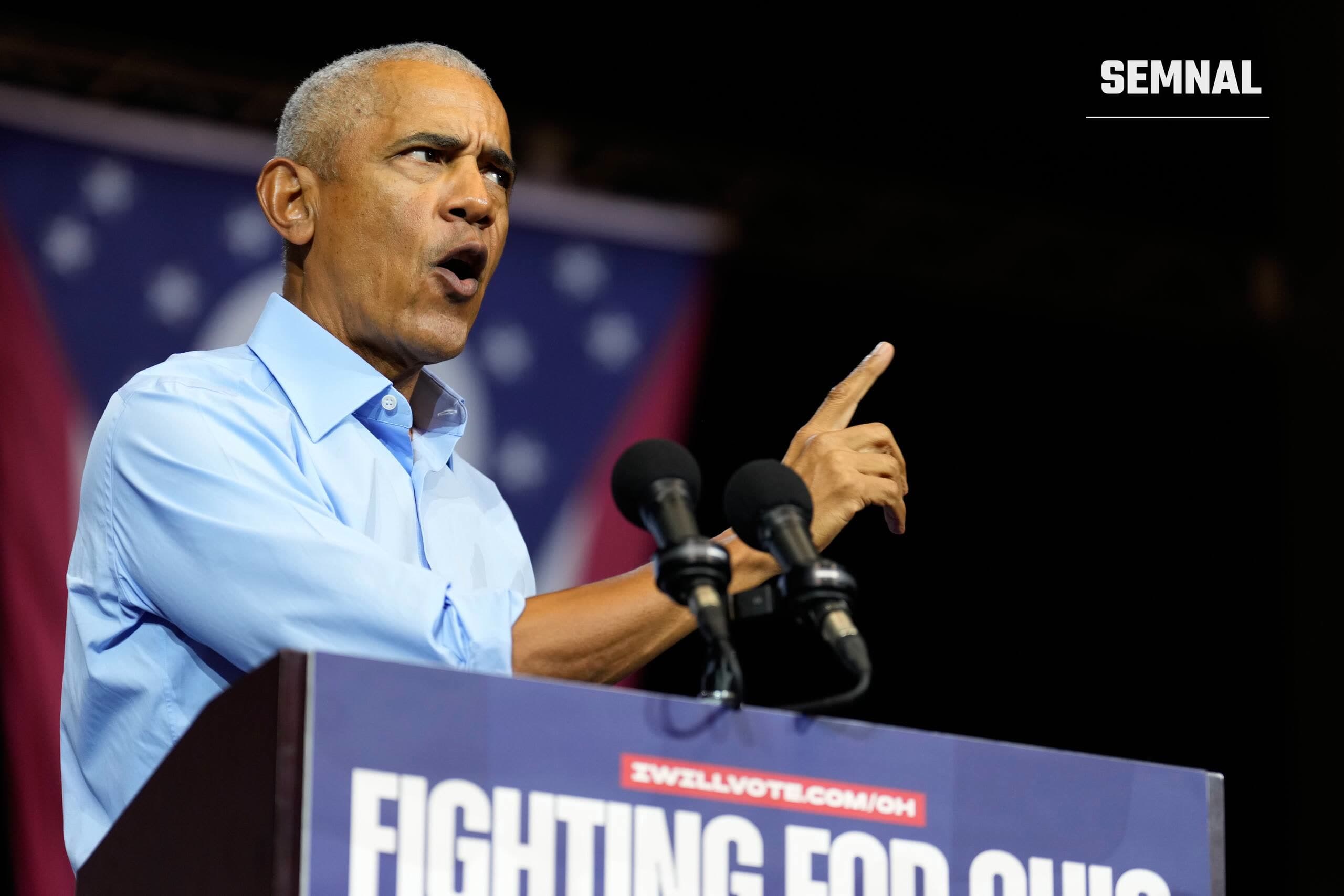Barack Obama vorbește la un pupitru cu inscripția „Fighting for Ohio”, la mitingul democraților din Cleveland, 24 octombrie 2026 (AP Photo/Sue Ogrocki)