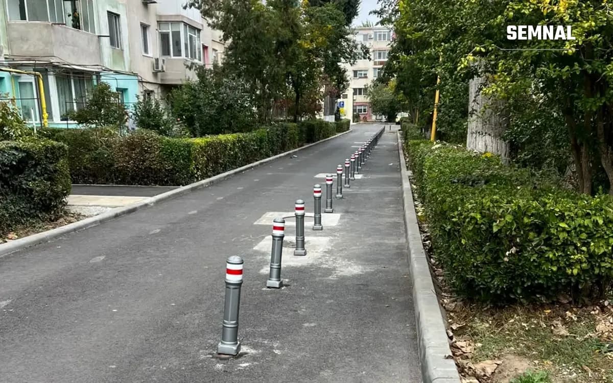 Fâșie de asfalt între două garduri vii, cu un șir de stâlpișori gri cu benzi roșii, lângă blocuri de locuințe din Constanța