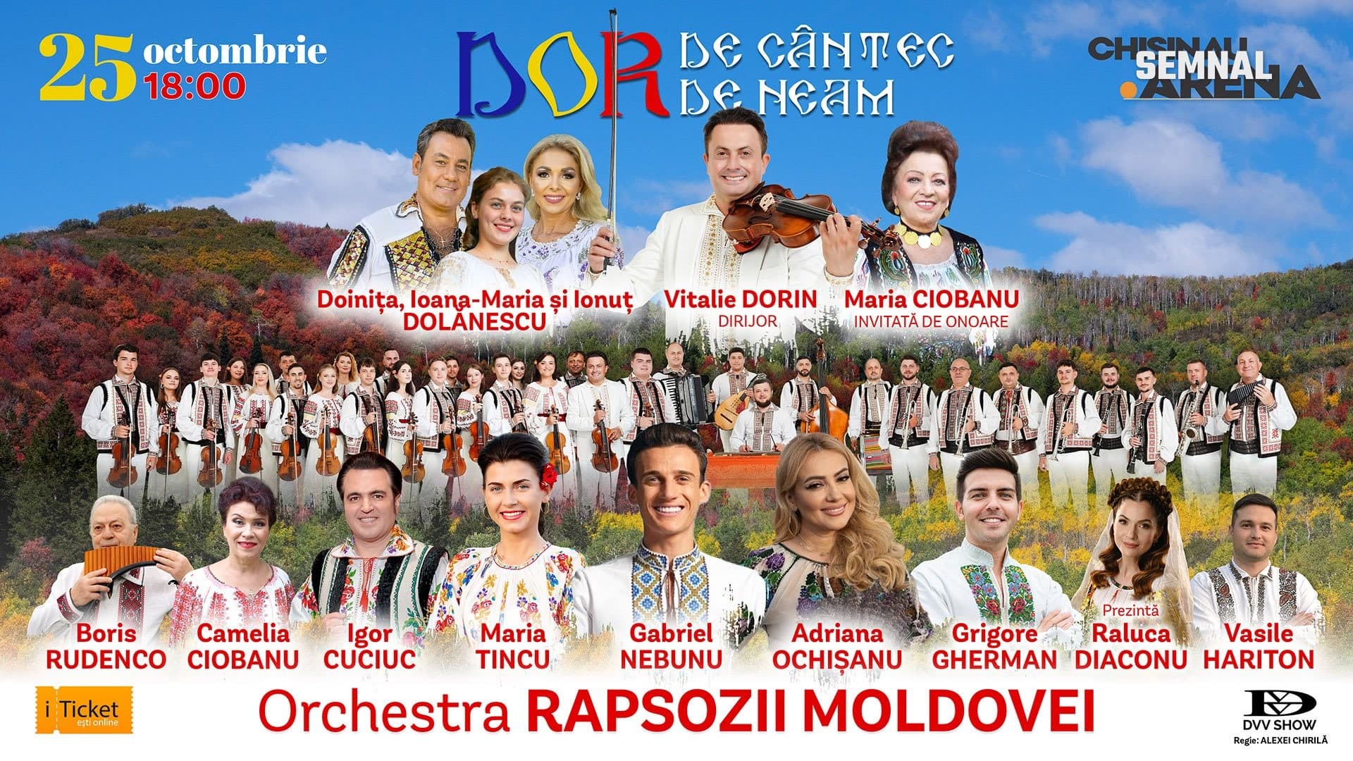Afișul spectacolului „Dor de cântec, dor de neam”, cu Maria Ciobanu, invitată de onoare, familia Dolănescu, dirijorul Vitalie Dorin, soliștii și orchestra, pe fundalul unui peisaj de toamnă